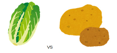 白菜100g　vs　じゃがいも100g