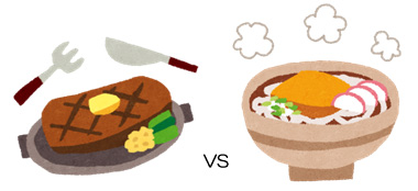 ステーキ200g　vs　きつねうどん1人前