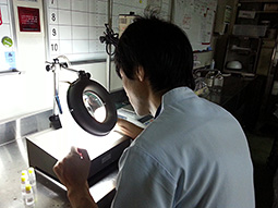 拡大鏡を通して試験している様子の写真